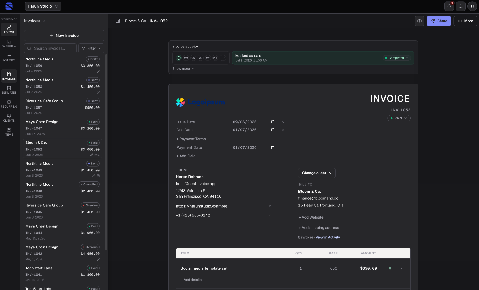 NeatInvoice workspace with invoice library, editor, and live link controls