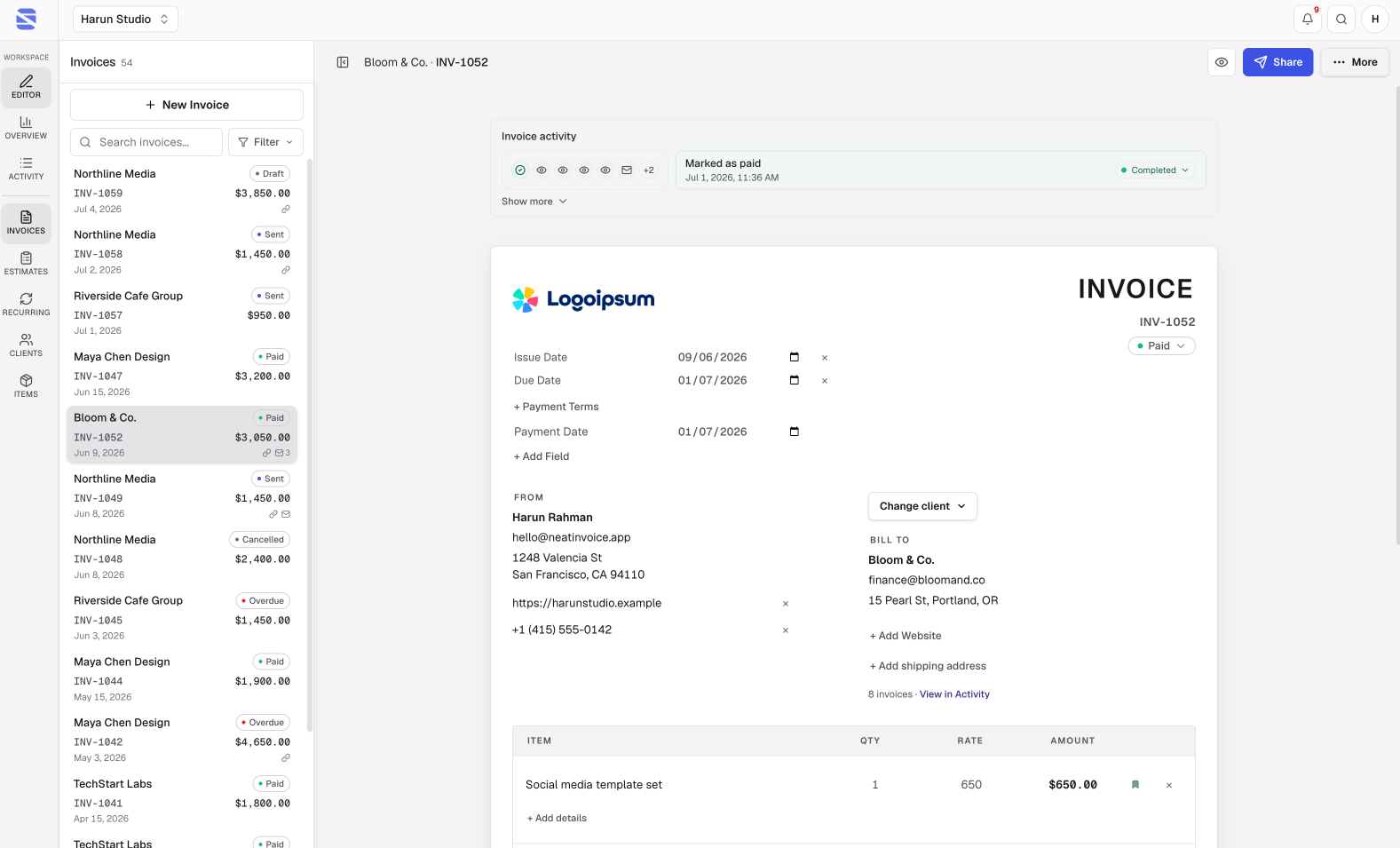 NeatInvoice workspace with invoice library, editor, and live link controls